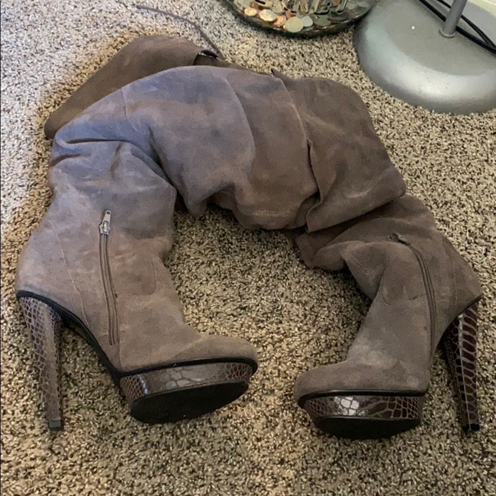 Grey suede knee high boots